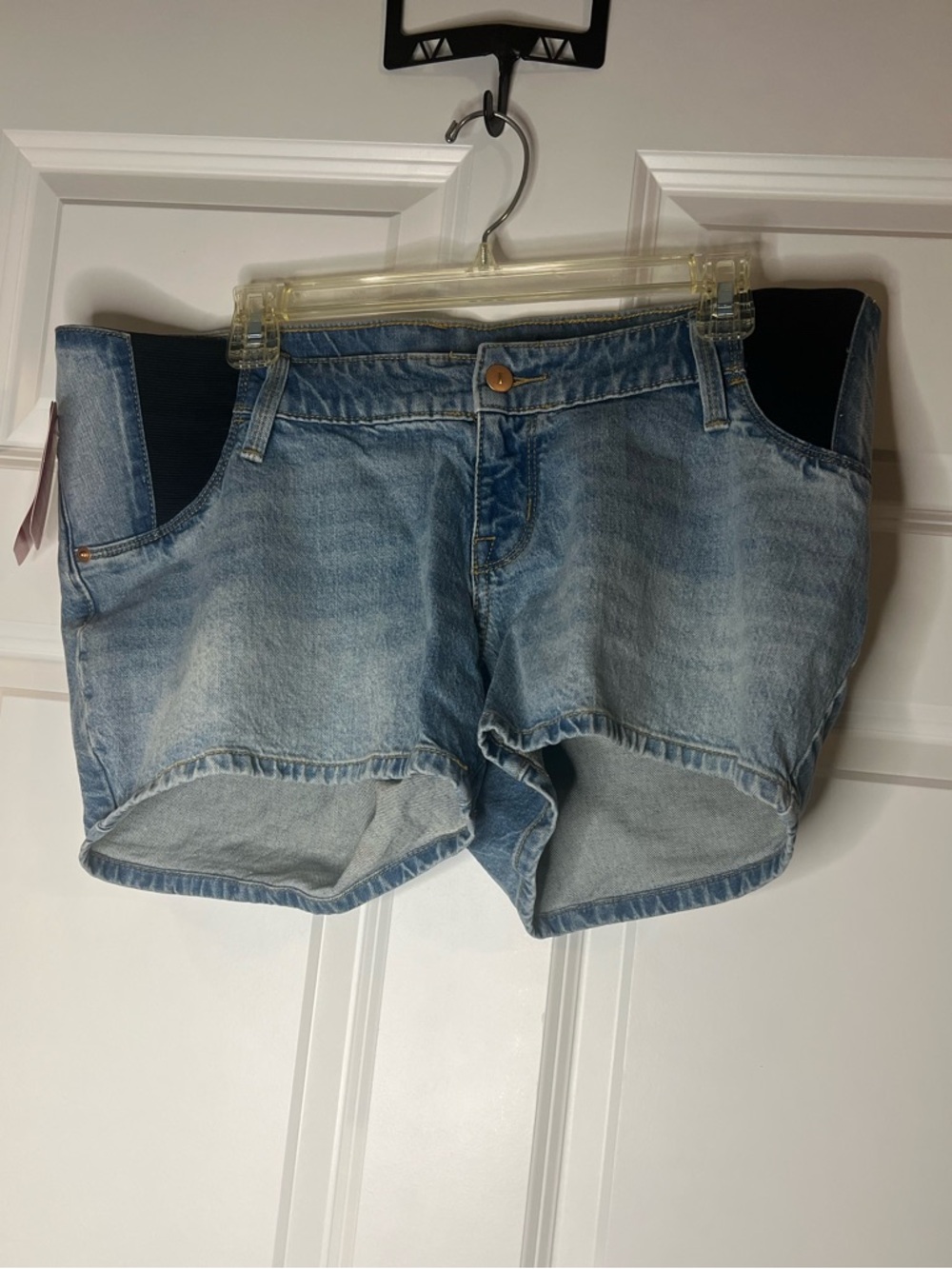 Light Blue Denim Maternity Shorts with Side Panels